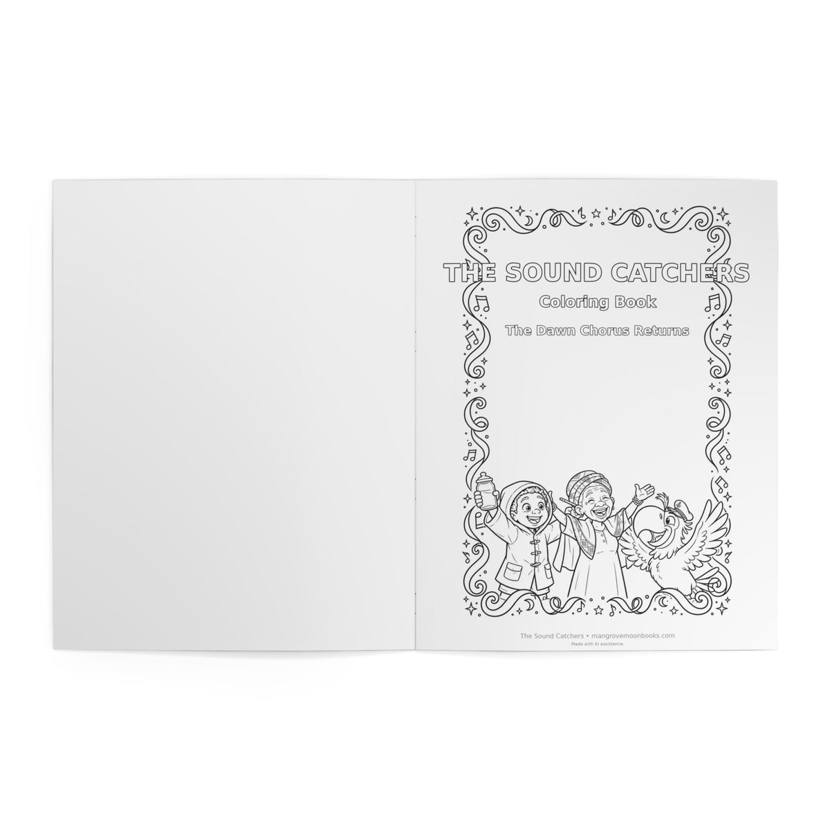 The Sound Catchers Coloring Book — The Dawn Chorus Returns: interior coloring page with decorative border showing Milo and friends