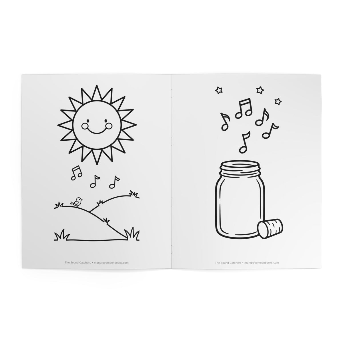 The Sound Catchers Coloring Book — The Dawn Chorus Returns: two-panel interior coloring page with smiling sun, musical notes, and a jar catching sounds