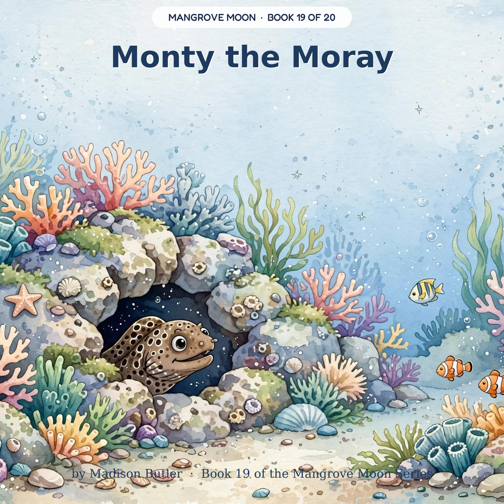 Monty the Moray — Monty's open mouth isn't anger; meet cleaner shrimp Shiny. Ages 3–7 bedtime story book — Mangrove Moon Books