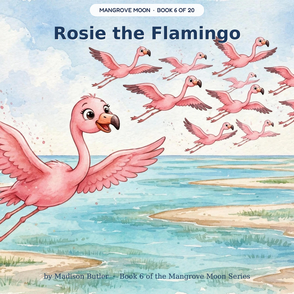 Rosie the Flamingo — Rosie the gray chick turns pink and leads the flock home. Ages 3–7 bedtime story book — Mangrove Moon Books