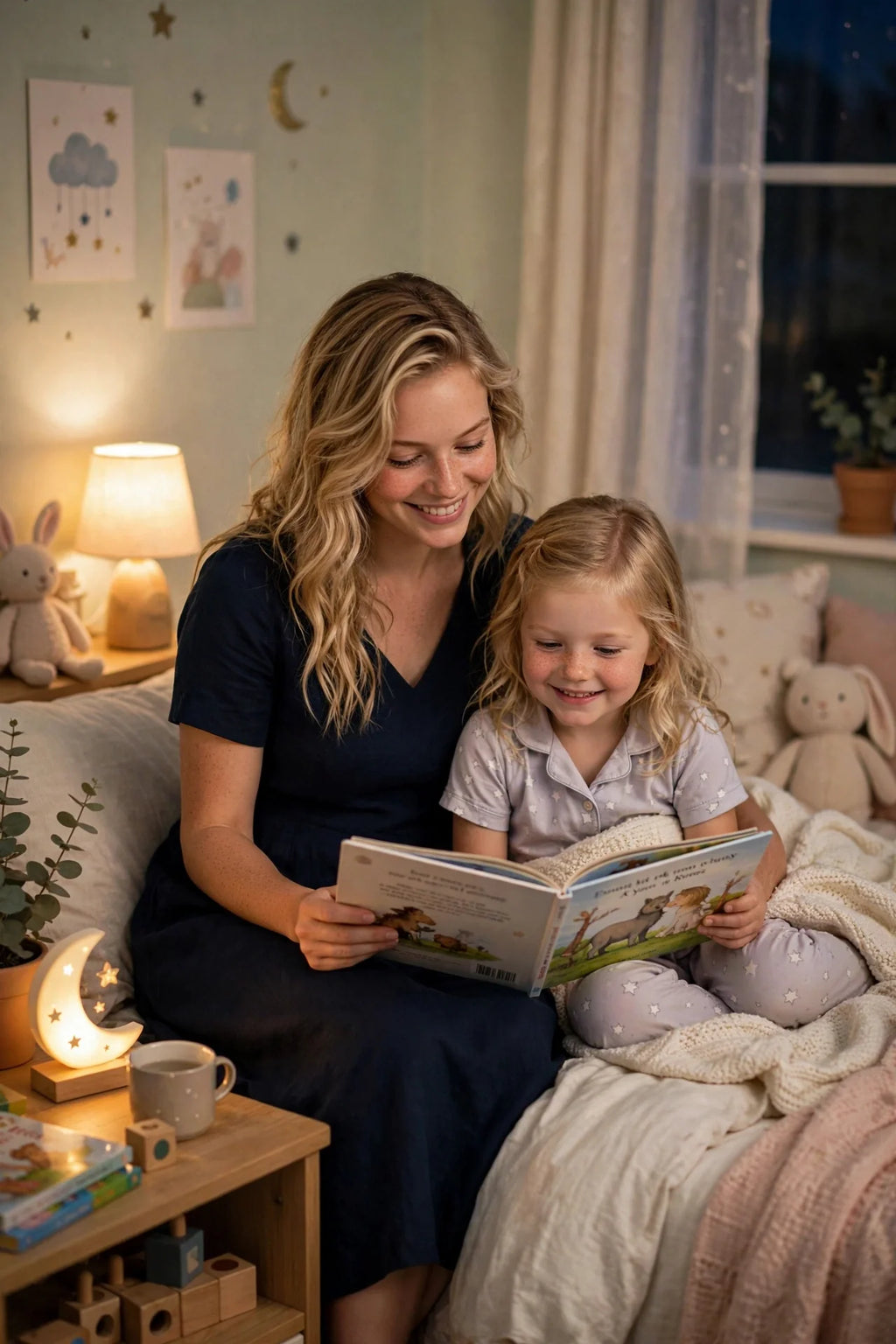 Mother reading a Mangrove Moon bedtime story to her daughter at night