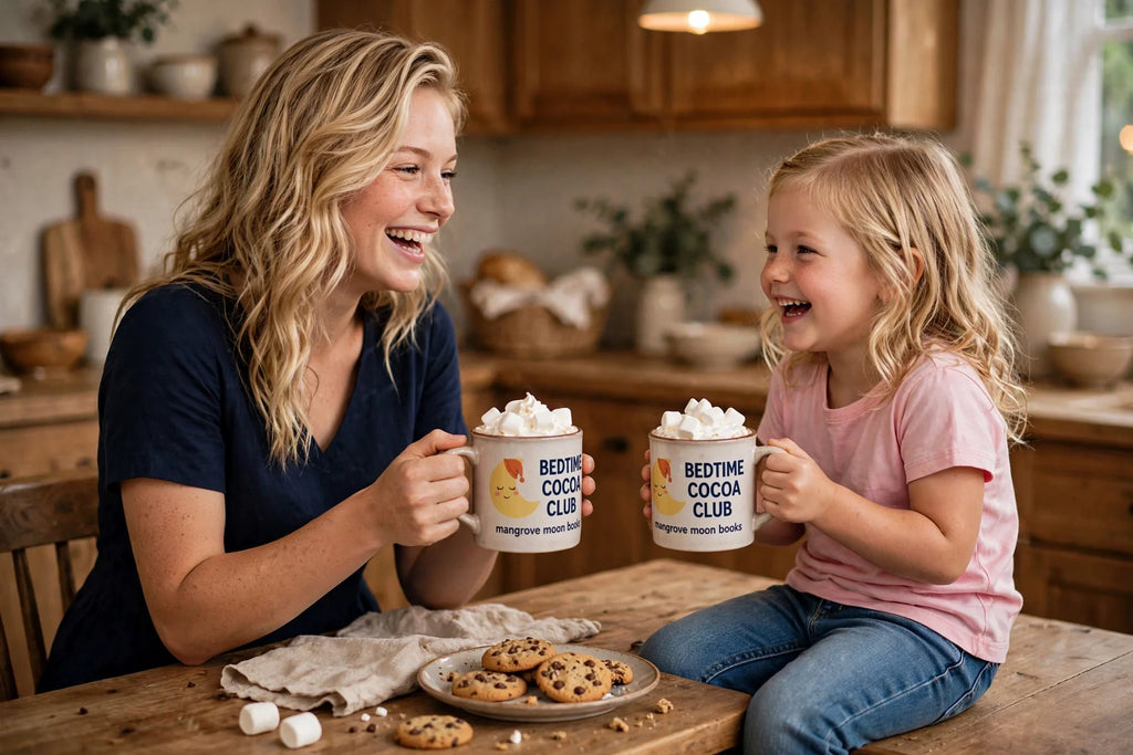 Mother and daughter enjoying cocoa in Bedtime Cocoa Club mugs