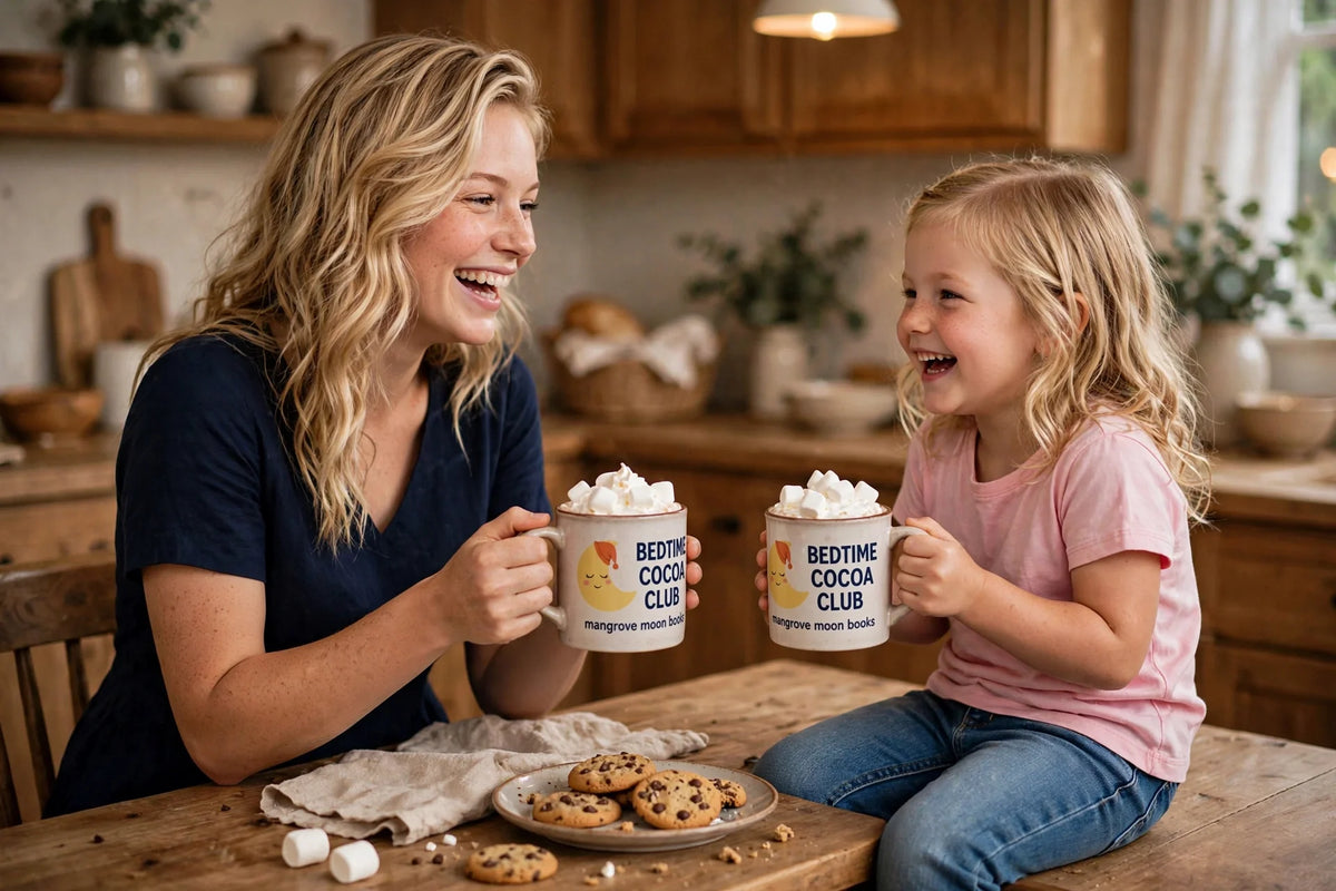 Mother and daughter enjoying cocoa in Bedtime Cocoa Club mugs