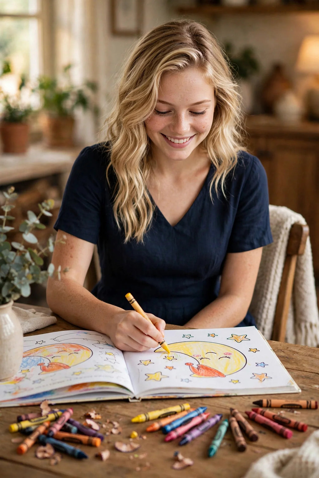 Woman coloring in the Mangrove Moon coloring book