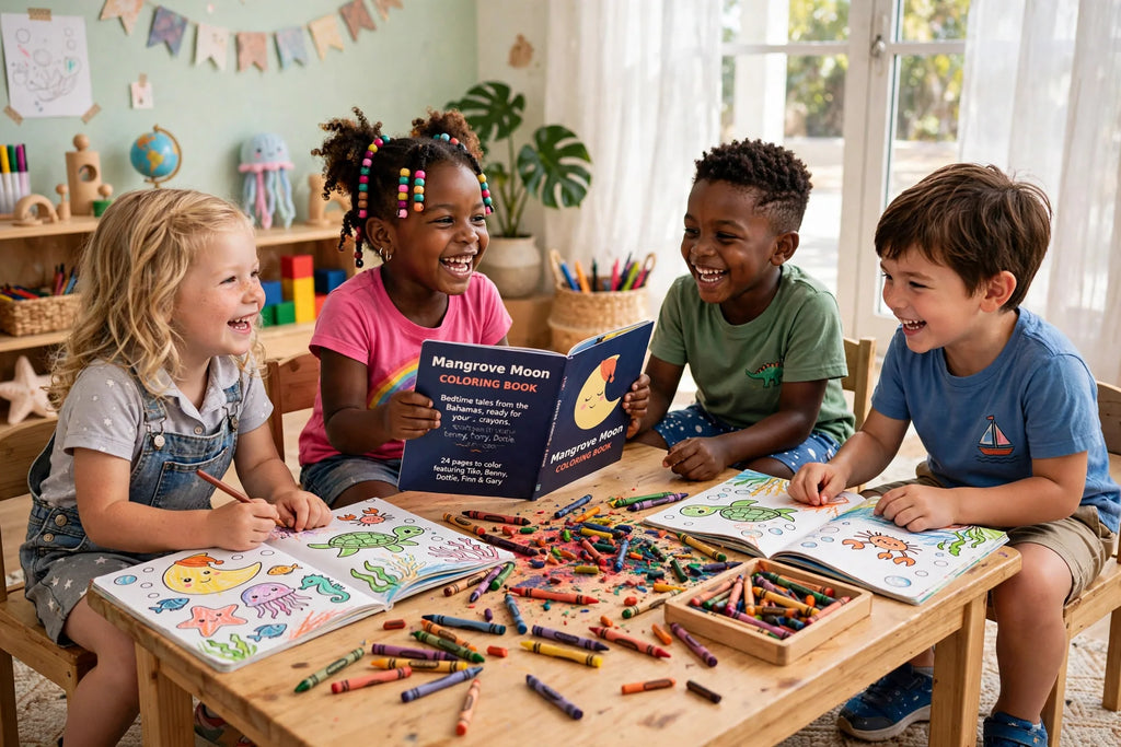 Diverse group of kids coloring together with the Mangrove Moon coloring book