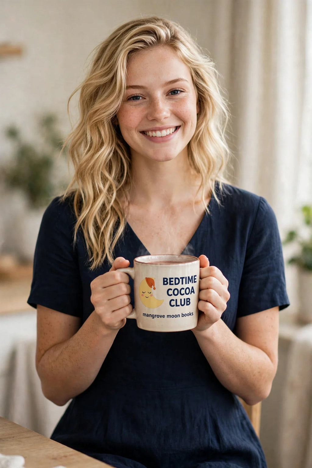 Woman holding the Bedtime Cocoa Club mug