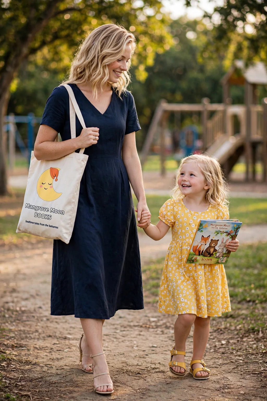 Mother and daughter walking in the park with the Mangrove Moon Books tote bag