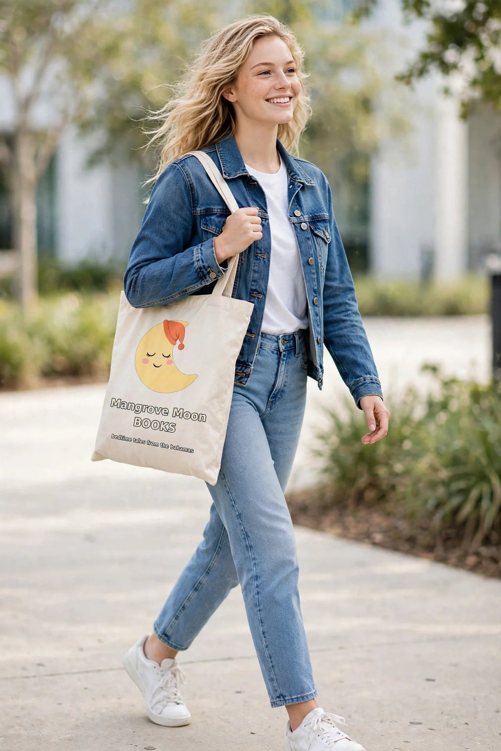 Woman carrying the Mangrove Moon Books Sleepy Luna canvas tote bag